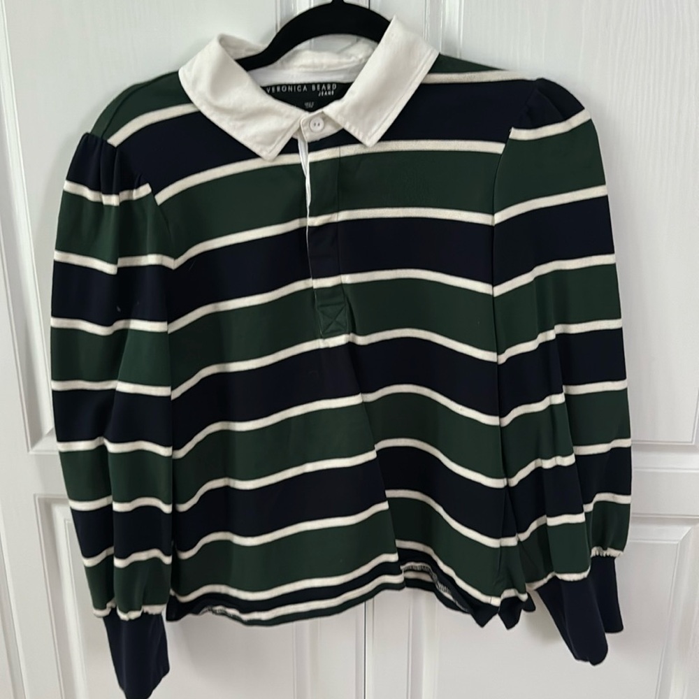 Veronica Beard Green and Black Striped Blouse